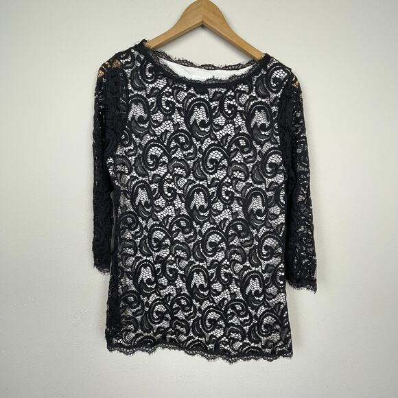 Charter Club Lace Top Black Ivory Lined‎ Petite PL Whimsigoth Fairy Witchy - Picture 1 of 8